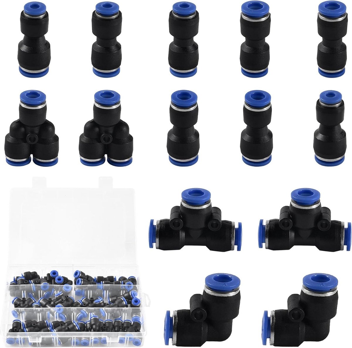 Complete Set van 46 Pneumatische Fittingen voor 6mm Luchtbuizen - Recht, Bocht en T-Splitter Connectoren met Reducers voor Diverse Toepassingen