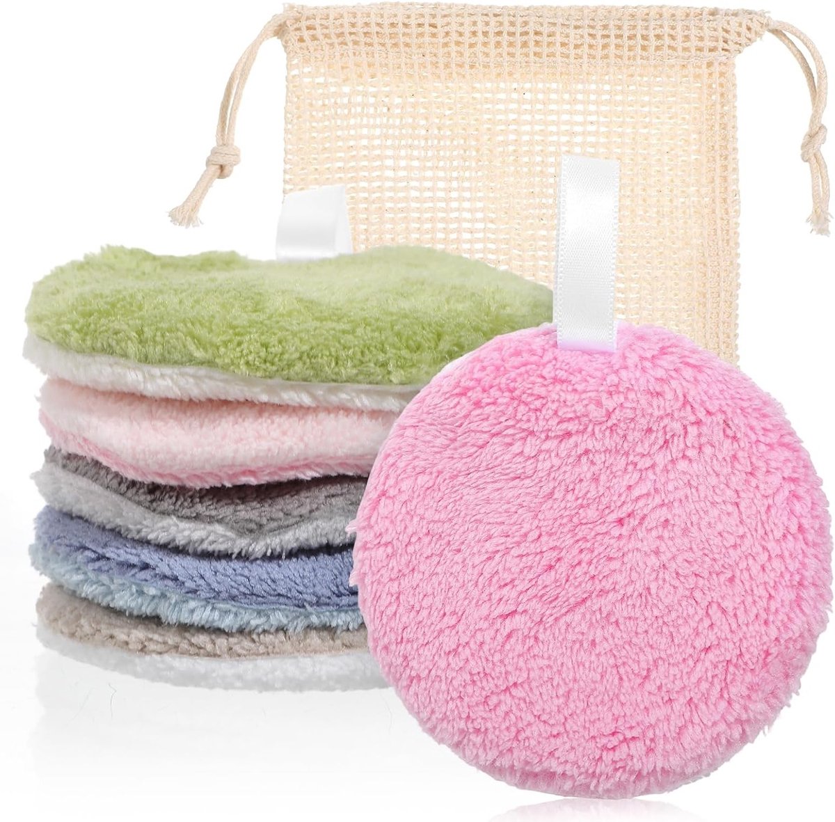 Herbruikbare Make-up Verwijder Pads in 6 Kleuren, Zachte Coral Fleece Gezichtsreinigingsrondes met Netzak voor Effectieve Reiniging en Milieu-vriendelijkheid