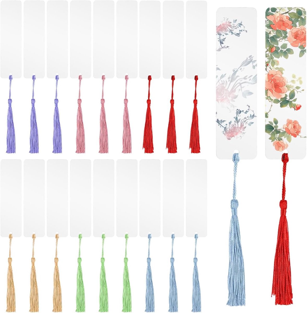 Set van 60 Acryl Boekmerken, 30 Transparante en 30 Kleurrijke Kwastjes, DIY Boekmerk Blanks voor Persoonlijke Decoratie en Bedankjes