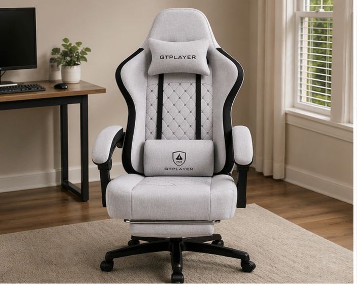 Gaming Stoel Ergonomisch met Voetensteun en Verstelbare Rugleuning 55x51x130 cm – Stoffen Gaming Chair met Pocketvering, Ademend Design en Verbindende Armleuningen – Donker Zwart – Vermissen