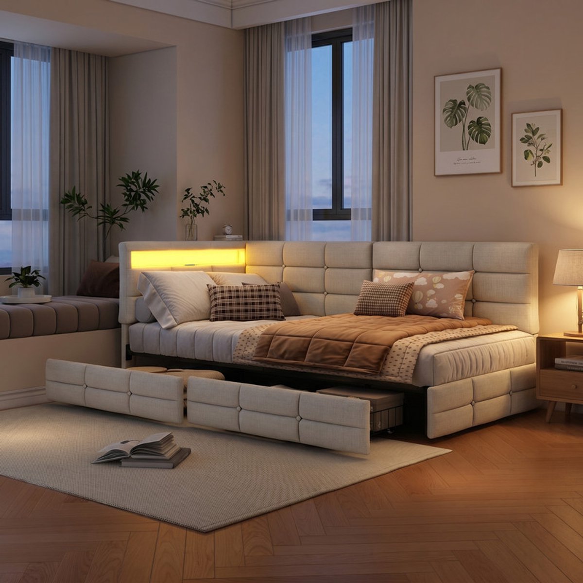 SHOPENTRA Eenpersoonsbed 90x200 Beige Linnen – Met L-vormig Hoofdbord, LED & USB, 2 Lades en Lattenbodem – Gestoffeerd Bed