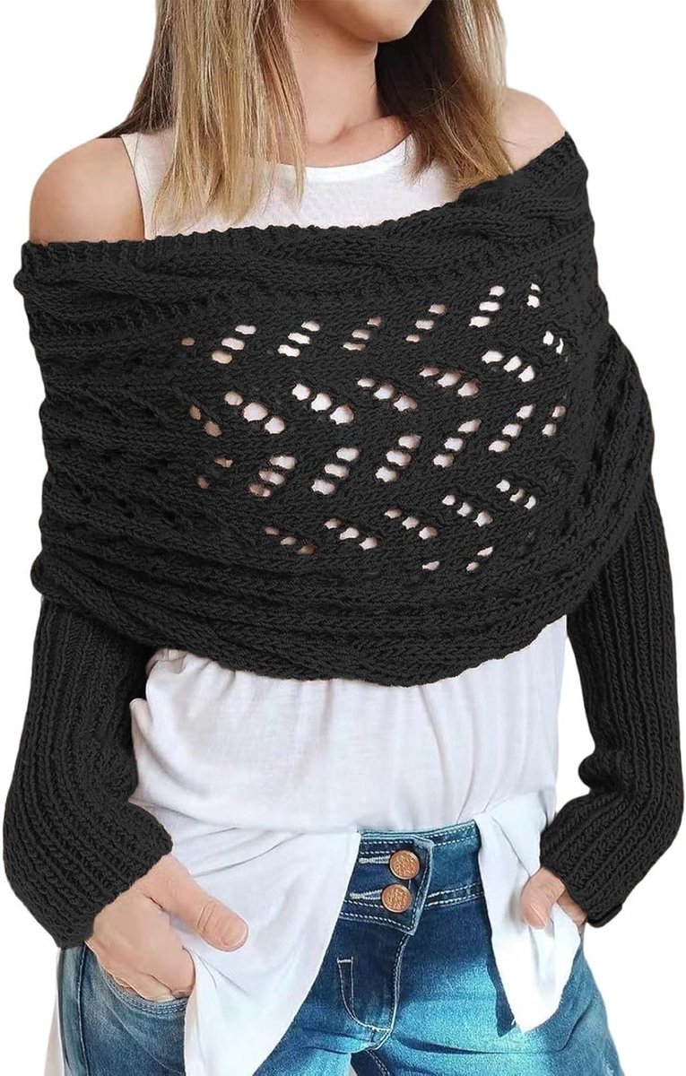 Elegante Dames Poncho voor de Winter met Mouwen - Korte, Warme en Stevige Cape in Zwart, One Size, Perfect voor Koude Dagen en Modebewuste Vrouwen