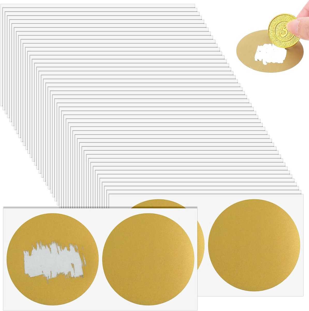 Set van 100 ronde krasstickers van 5 cm, gouden kraslabels voor DIY krasloten, verjaardagsverrassingen en cadeauverpakkingen