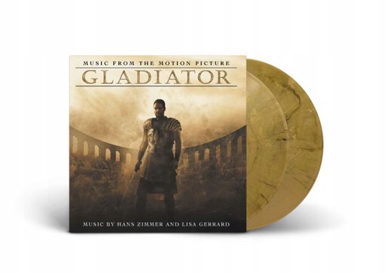 Gouden, gemarmerde vinylplaten met hoes van de film Gladiator, met Russell Crowe in vol ornaat.