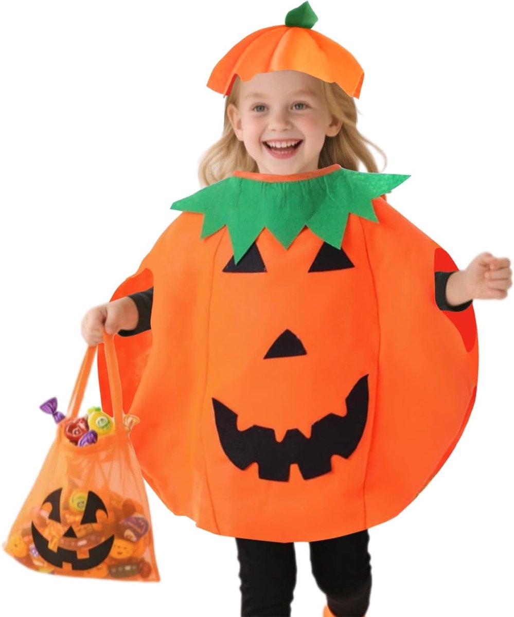 Halloween Pompoen Kostuum Set voor Kinderen - Fantasiekleding met Hoed voor Jongens en Meisjes voor Halloween Decoratie en Cosplay Feestjes