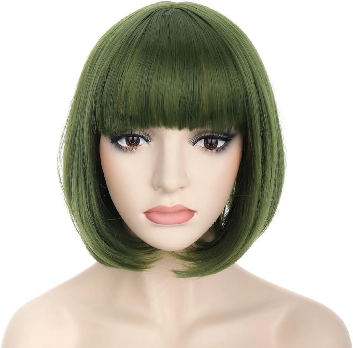 Korte Bob Perucque met Pony voor Unisex - Natuurlijke Synthetische Haarstijl voor Cosplay, Anime en Halloween Feestjes - Inclusief Perukenkap, Olijfgroen