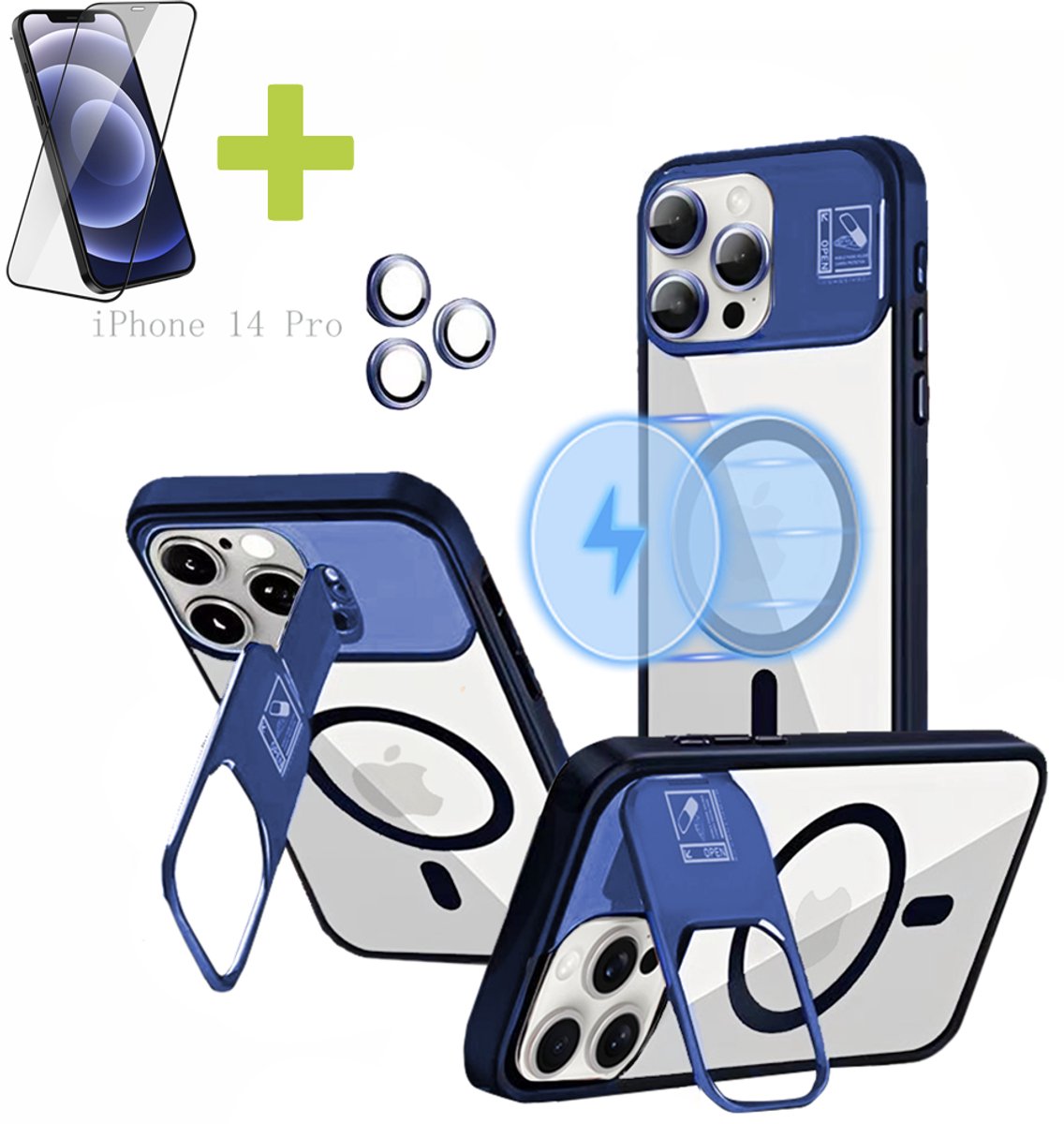 Hoesje voor iPhone 14 Pro met Standaard, Compatibel met MagSafe, Acryl + TPU Case, Hoes ingebouwde Stash Stand-telefoonhoes, Ultradun-Blauw - Screenprotector
