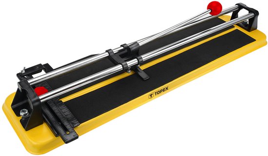 Gele tegel snijder met zwarte rubberen mat, dubbele metalen geleider en rode handgrepen. Merk: TOPEX.