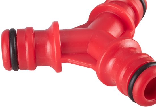 Rood Y-verdeelstuk met ribbels en zwarte ringen.