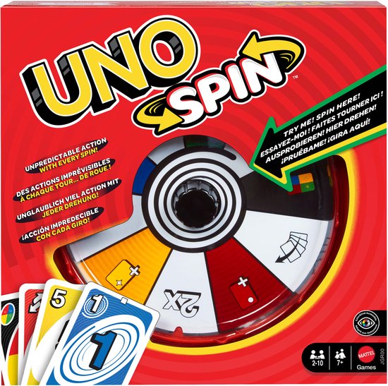 UNO Spin bordspel met rode doos, speelkaarten en een rood spinwiel met vakjes.