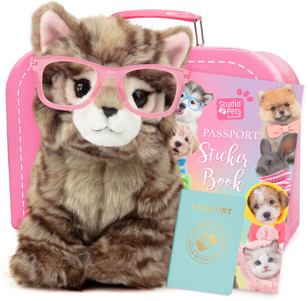 Studio Pets® Set van Knuffel Britse Langhaar Kat Paige (23 cm) met GRATIS Roze Kartonnen Koffer, Paspoort en Stickerboek – Complete Cadeauset voor kinderen