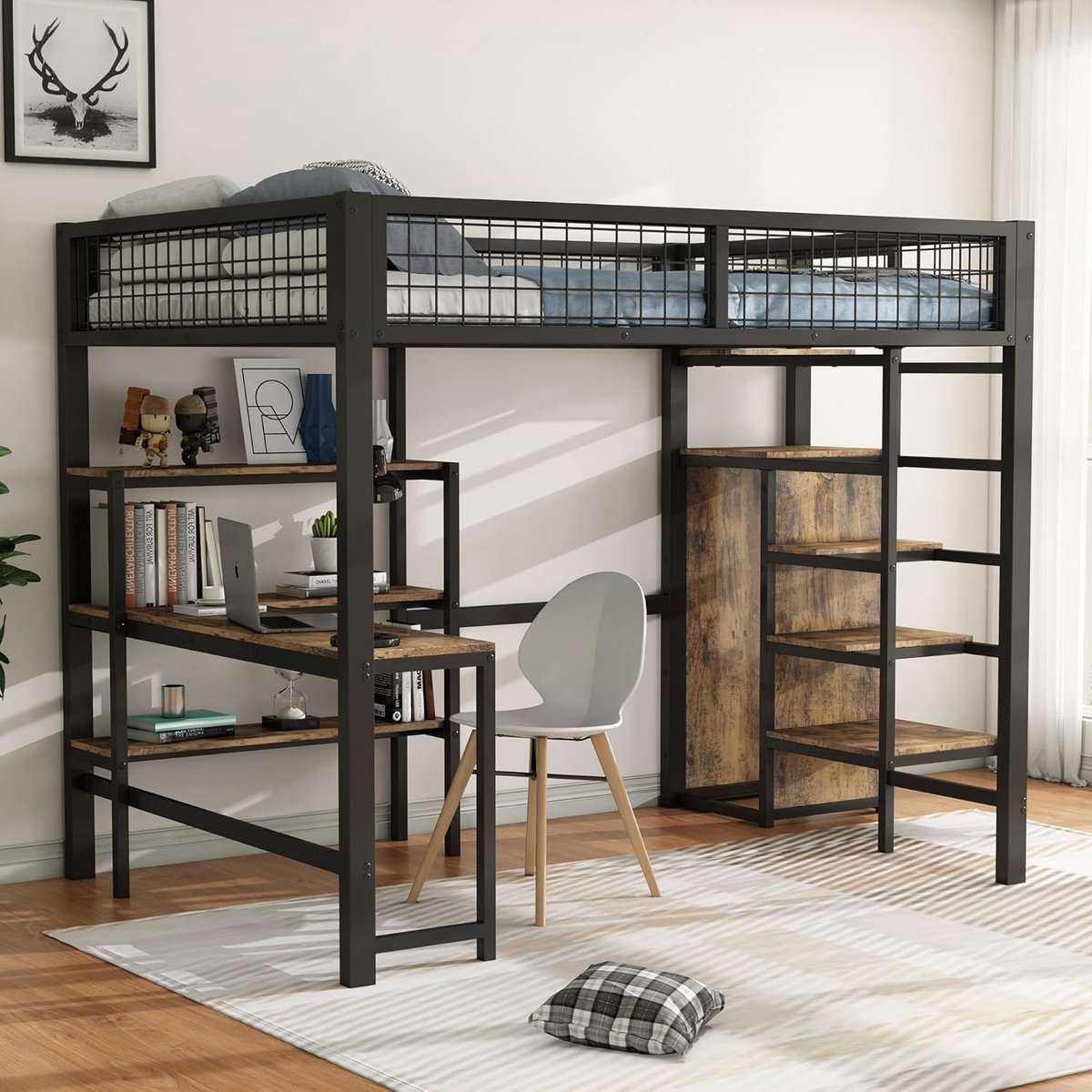 Hoogslaper 140x200 cm met Bureau en Kast – Metalen Loft Bed Volwassenen met Opbergruimte en Trap – Ruimtebesparend Modern Zwart MDF Design – Laura