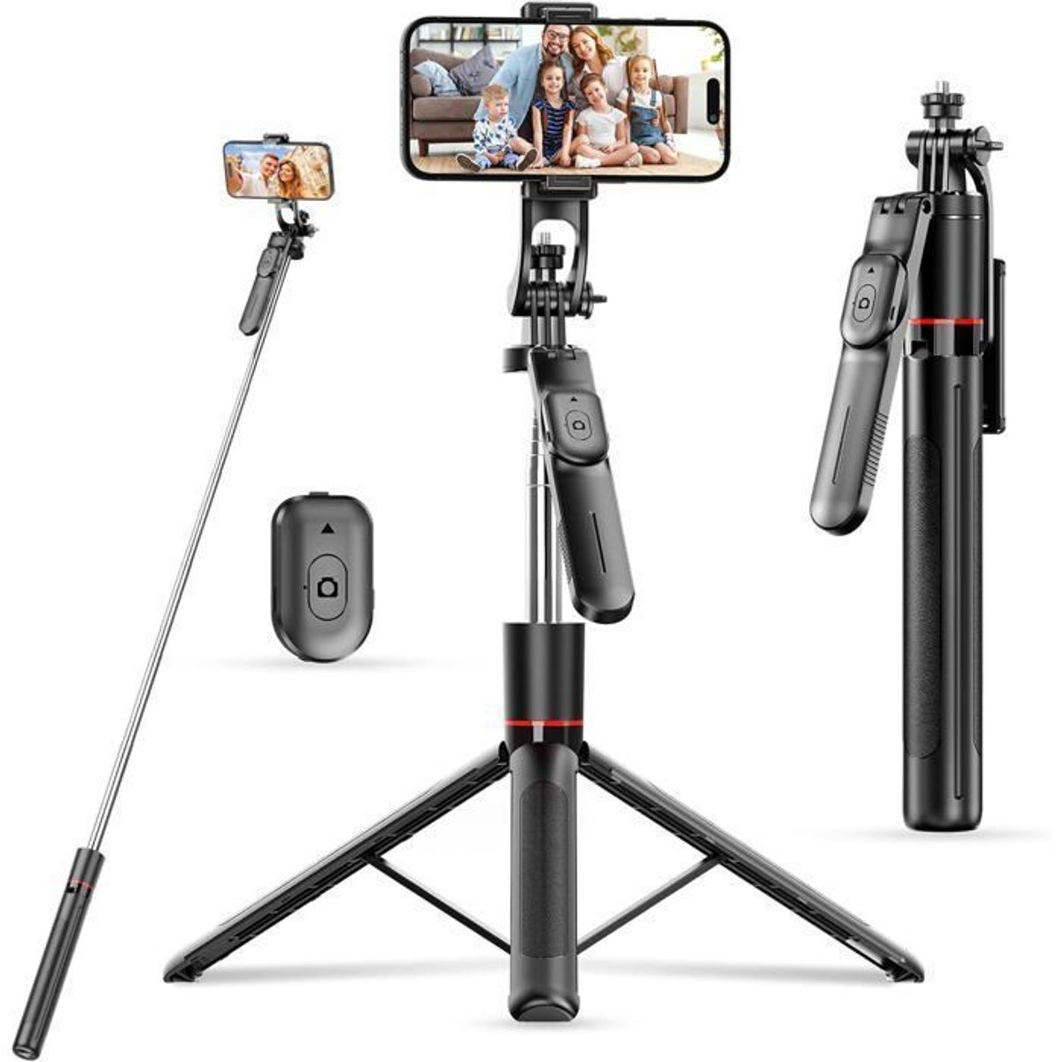 Selfiestick, circa 170 cm lang, 360° draaibaar statief, aluminium, opvouwbaar en draagbaar Geschikt voor smartphones, inclusief draadloze afstandsbediening, kan ook gebruikt worden om camera's op te monteren – een must-have Geschikt voor concerten.