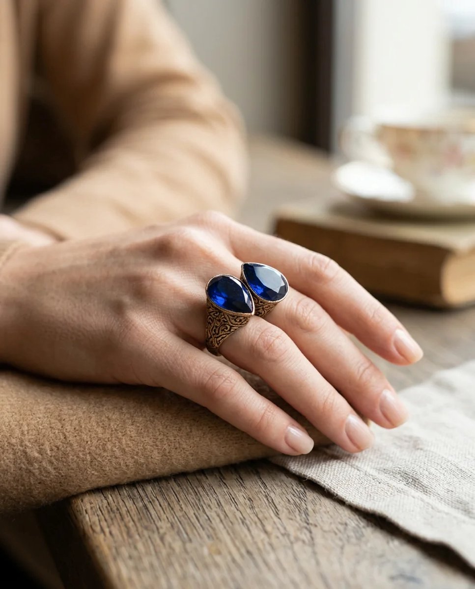 Dorvina Bronzen Ring Authentiek Sieraad Lacivert Damla Steen Van Voren Ayarlalanabilir Vintage Dames Ring