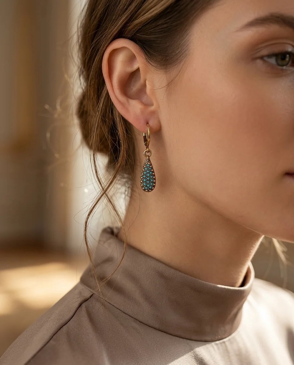Dorvina Vintage Dames Bronzen Oorbellen Authentiek Sieraad Turkoois Steen Bewerkt Damla Model