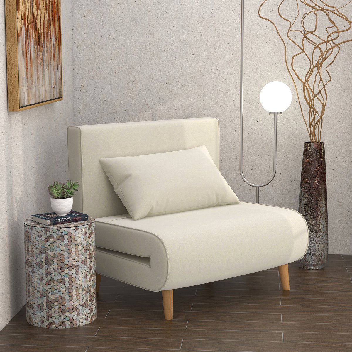 MODFU - Slaapbank - Verstelbare Rugleuning - 2-In-1 Ontwerp - Scandinavische Stijl - Hout - Crèmewit - 94 X 78 X 80 Cm