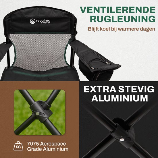 Recalma Campingstoel Opvouwbaar - Met Koelvak & Bekerhouder - Visstoel Klapstoel - Ademende Rugleuning - 150 kg - Incl. Draagtas - Zwart van Merkloos — afbeelding 4