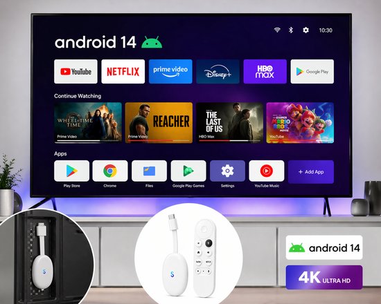 Smart TV met Android 14 interface en apps zoals YouTube, Netflix, Disney+. Witte Stream One mediabox en afstandsbediening.
