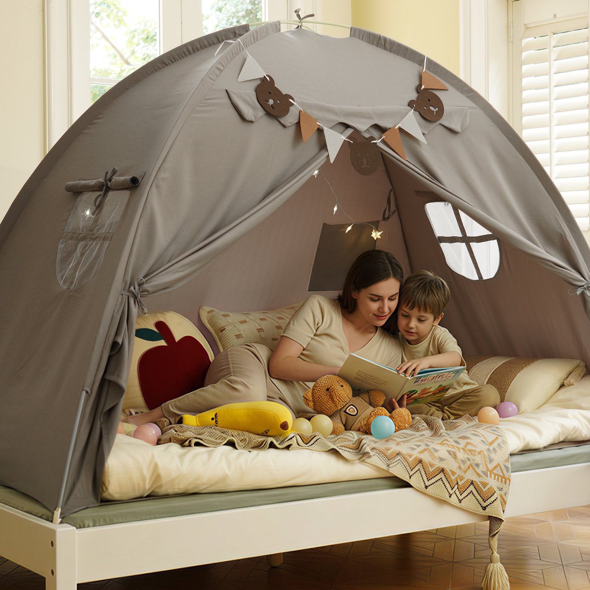 YEERSWAG Kinderbedtent Eenpersoonsbedtent 196×99×124cm Speeltent - grijs Kastelontwerp - LED Sterrenverlichting - Inclusief Berenvlaggetjes