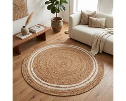 FLOORDIREKT Jute Vloerkleed Mumbai - Rond - Diameter: 120 cm - Raffia Vloerkleed van 100% Natuurlijke Vezels - Gevlochten Boho - Handgeweven Natuurlijk Vloerkleed - voor Keuken & Woonkamer - Robuust & Scheurvast