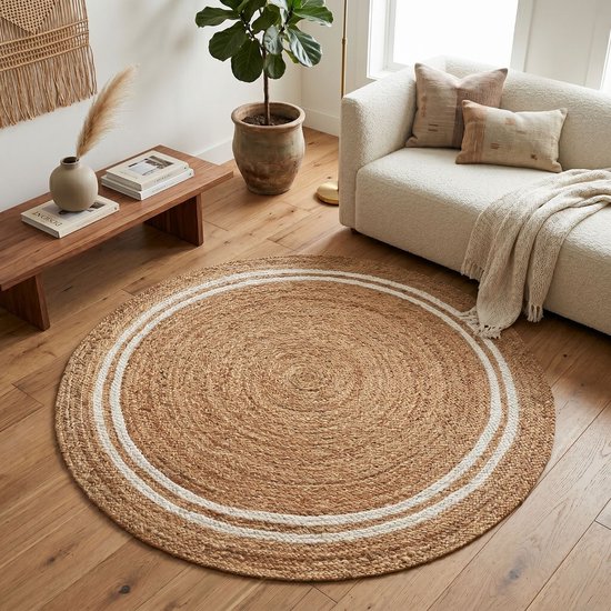 FLOORDIREKT Jute Vloerkleed Mumbai - Rond - Diameter: 120 cm - Raffia Vloerkleed van 100% Natuurlijke Vezels - Gevlochten Boho - Handgeweven Natuurlijk Vloerkleed - voor Keuken & Woonkamer - Robuust & Scheurvast