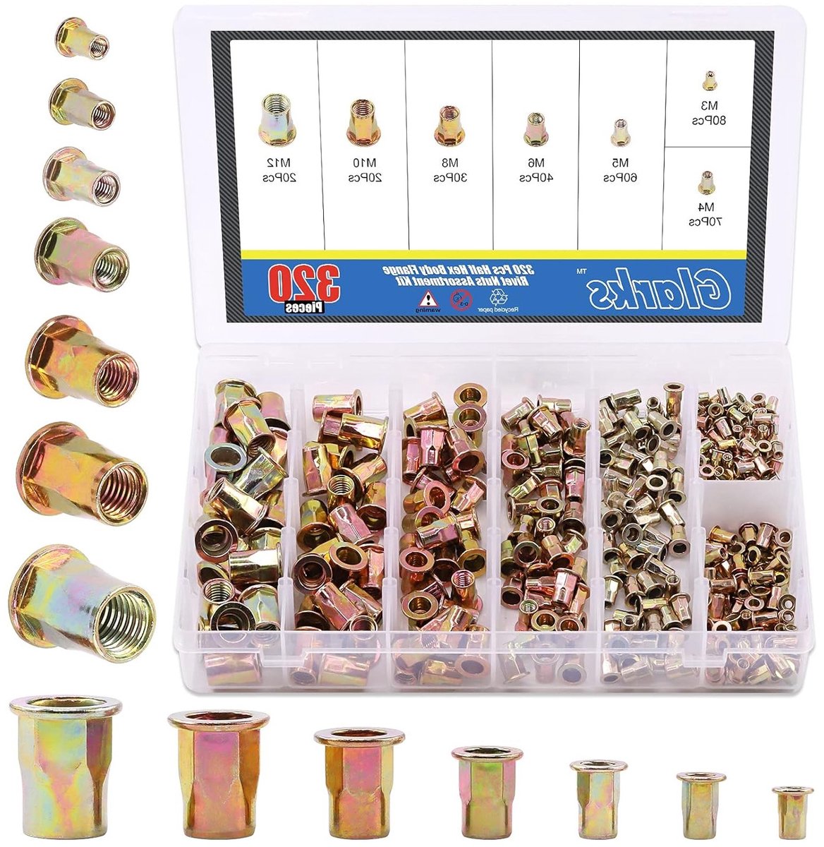 320 Stuks Half Hex Body Flens Rivet Nuts Assortiment Kit - M3 tot M12, Gegalvaniseerd Staal, Draadmoeren voor Diverse Toepassingen