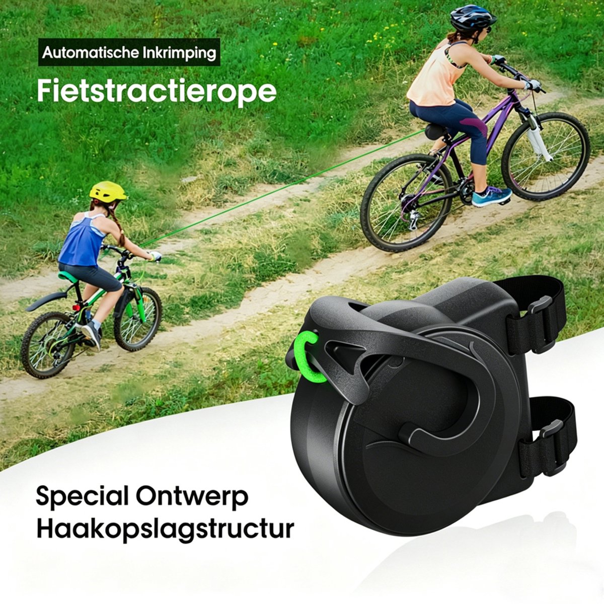 Gloovon® Fietstrektouw - MTB Sleeptouw - Automatisch Intrekbaar - Maximaal 200kg - Telescopisch - 2.5 Meter - Zadelpen Montage - Zwart