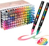 Elura® Art 120 Acrylstiften Set – Brush Tip – Dekkend & Watervast – Voor Steen, Glas, Hout & Canvas – Inclusief Kleurkaart