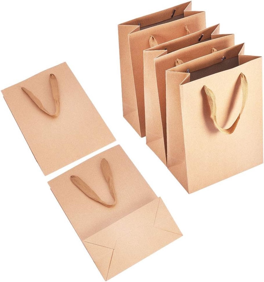 Set van 10 Stuks Rechthoekige Kraft Papieren Tassen voor Cadeaus en Winkelen met Nylon Draad, 28x20x10cm, Duurzaam en Milieuvriendelijk