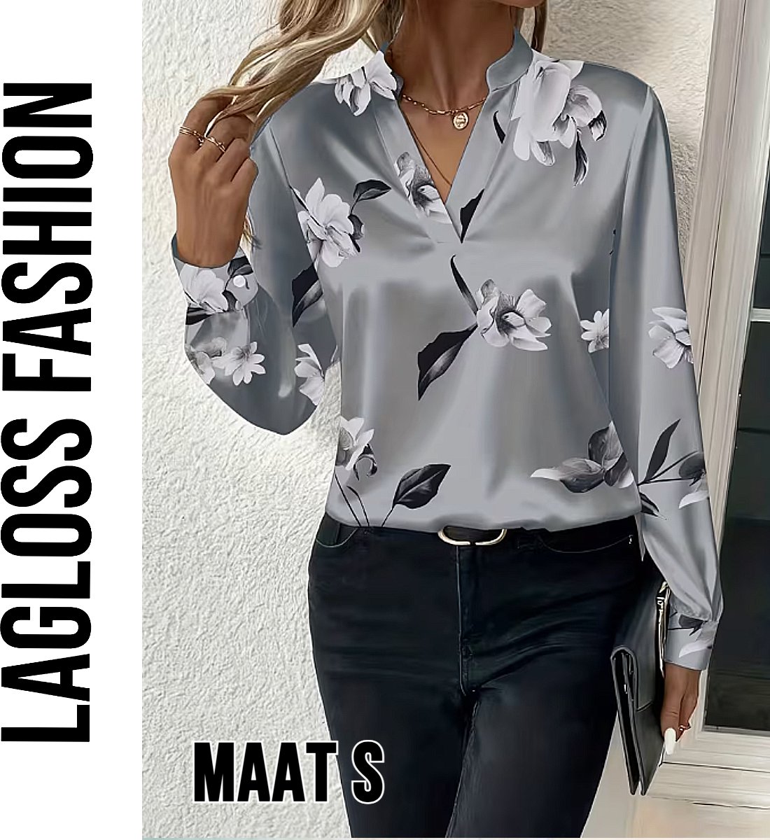 LaGloss® Zilvergrijze Dames Blouse met Bloemenprint en V-Hals – Satijnlook – Zomer/Lente/Herfst/Winter – Klassiek – Maat S