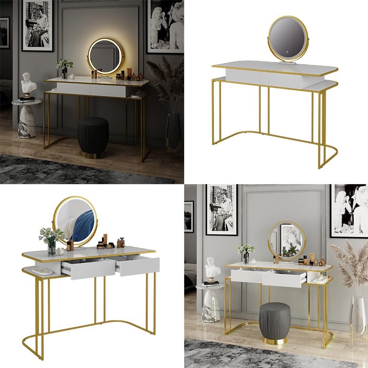 Kaptafel met verlichting 110 x 52 x 75,5 cm – Make-up tafel met lades en planken – wit/goud vintage design toilettafel – compacte kaptafel slaapkamer – Vermissen Tiara