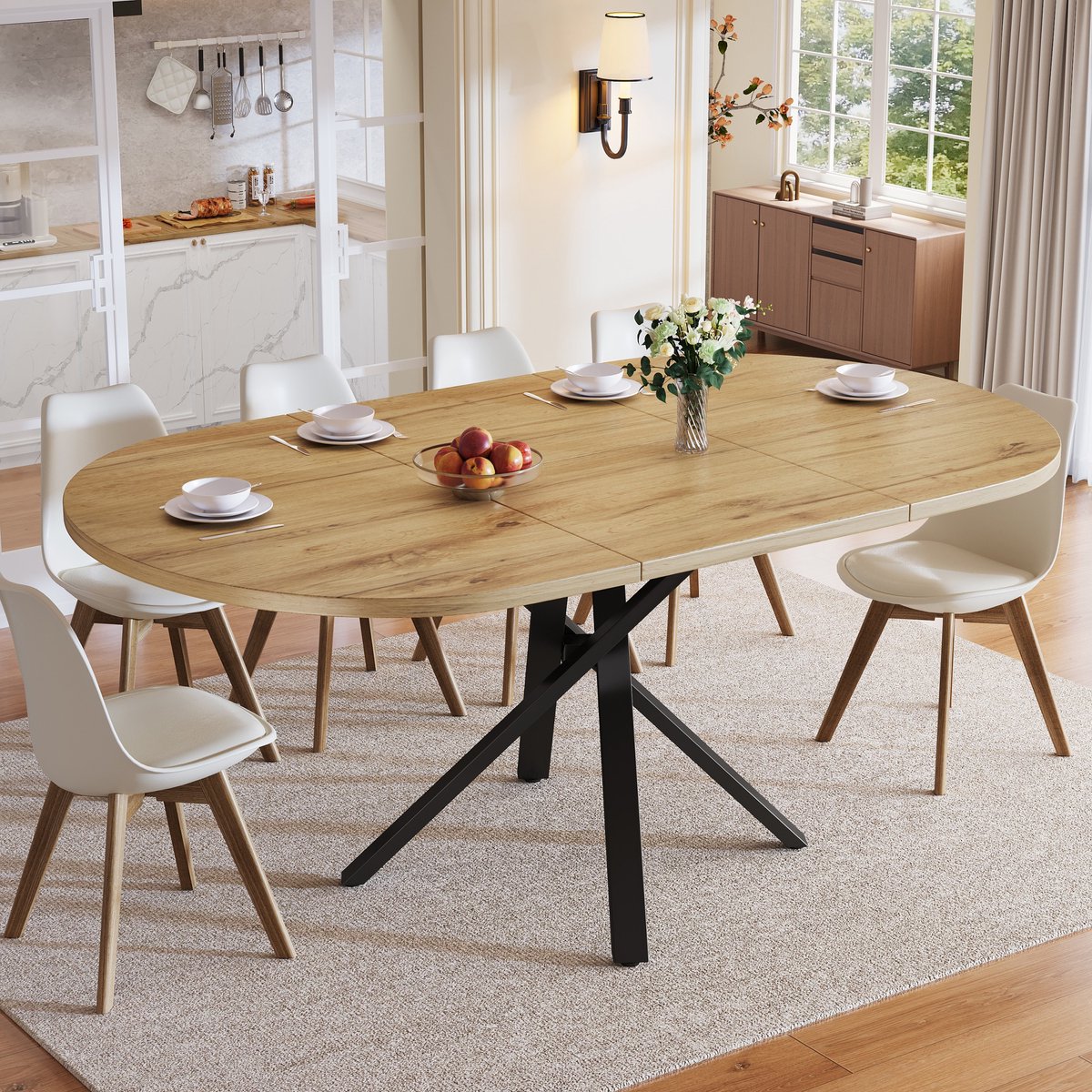 Sweiko Uitschuifbare Eettafel - 100-140 cm - Rond/Ovaal - Metalen X-poten - Houtlook - Naturel