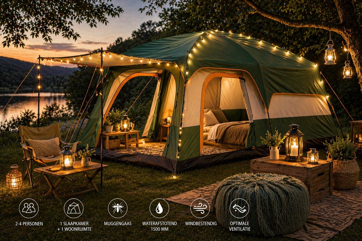 Zolara Glampingtent (groen)- Paviljoentent - Zonbescherming - 2-4 Personen - 210D Oxford Materiaal, 1 Slaapkamer + Woonruimte, Muggengaas - Waterafstotend - Ideaal voor Kamperen en Glamping - Camping - Festival - Festivaltent - Tent – foto 4