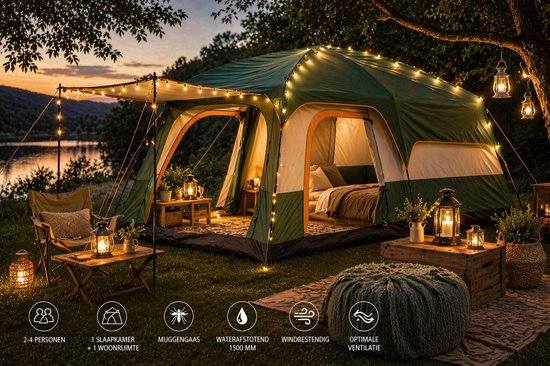 Zolara Glampingtent (groen)- Paviljoentent - Zonbescherming - 2-4 Personen - 210D Oxford Materiaal, 1 Slaapkamer + Woonruimte, Muggengaas - Waterafstotend - Ideaal voor Kamperen en Glamping - Camping van Merkloos — afbeelding 4