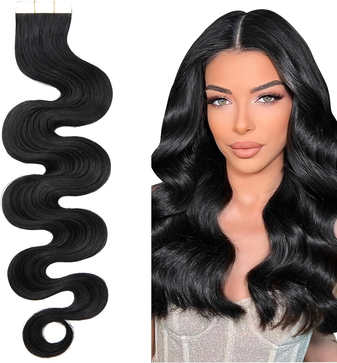 Echthaar Tape Extensions Gewellt 18 Zoll/45 cm - 20 Stuks Klebeband Haarverlenger, 100% Remy Haar, 50G met 10 Stuks Vervangend Tape Zwart #1