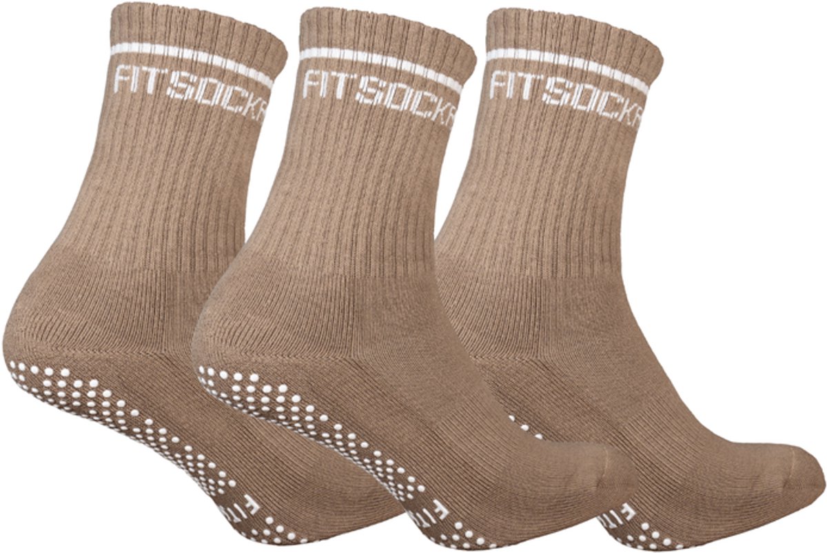 FitSockr Gripsokken Balance - Grip Sokken Pilates 3 Paar - Antislip Sokken Dames - Sportsokken met grip - Bruin- maat 37/40