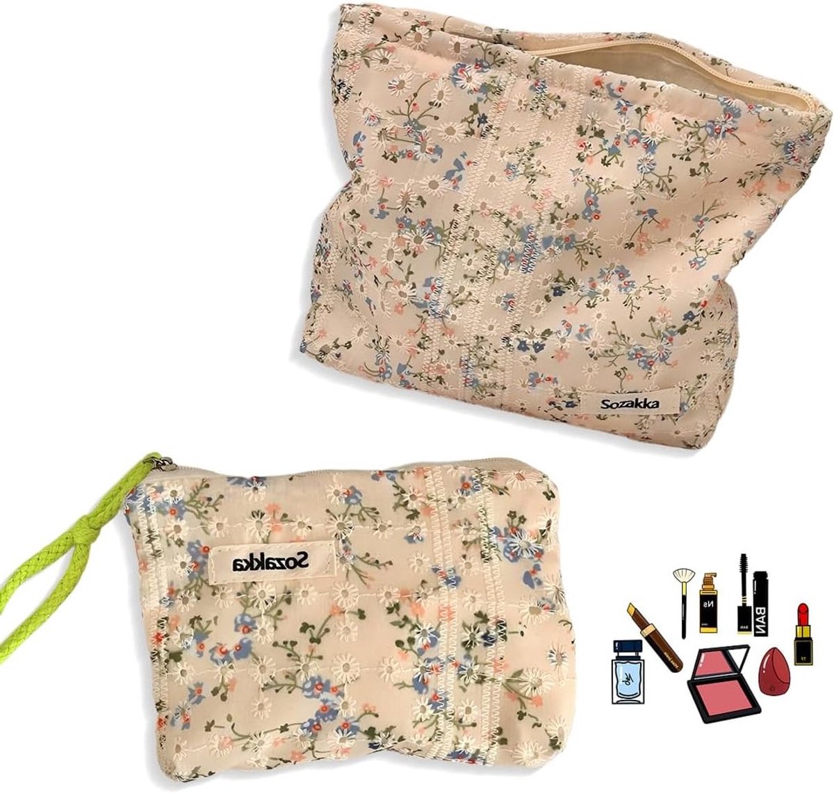 Kleine make-uptasjes, set van 2, handige organizer voor op reis, bloemenmotief, ideaal cadeau voor beautyliefhebbers