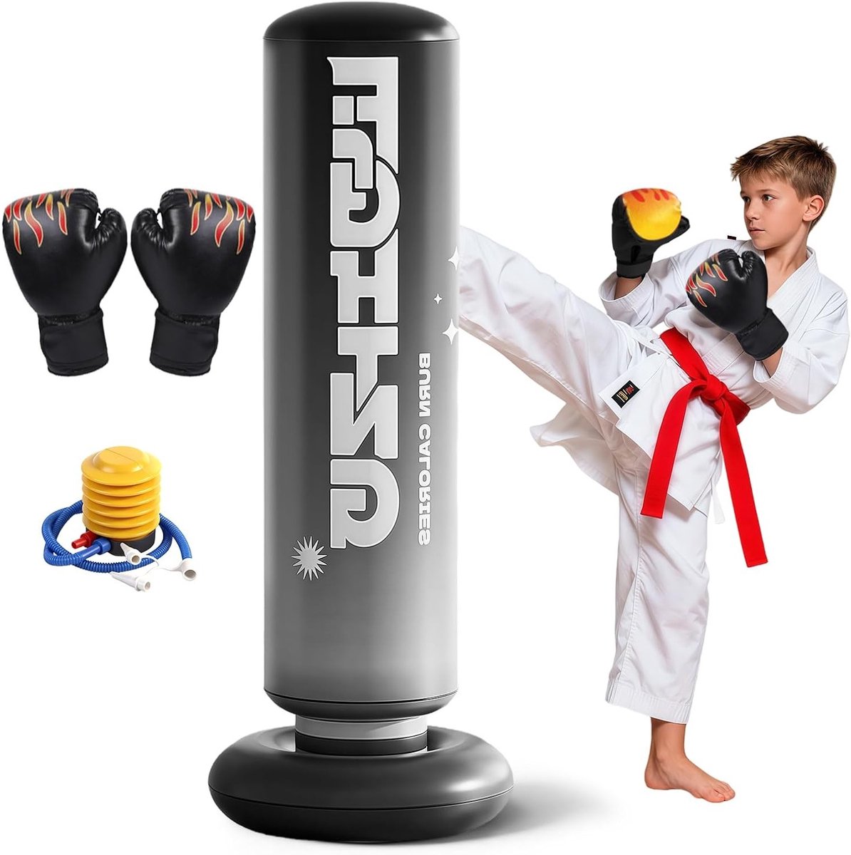 Pungibal Bokshandschoenen voor Kinderen 120 cm - Opblaasbare Bokszak voor Jongens en Meisjes 5-12 Jaar - Perfect voor Karate, Taekwondo en MMA Training