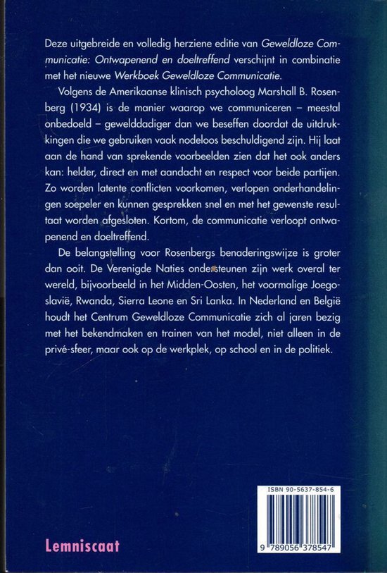 Boekomslag van Geweldloze Communicatie: Ontwapenend en doeltreffend. Achterkant met ISBN en barcode.