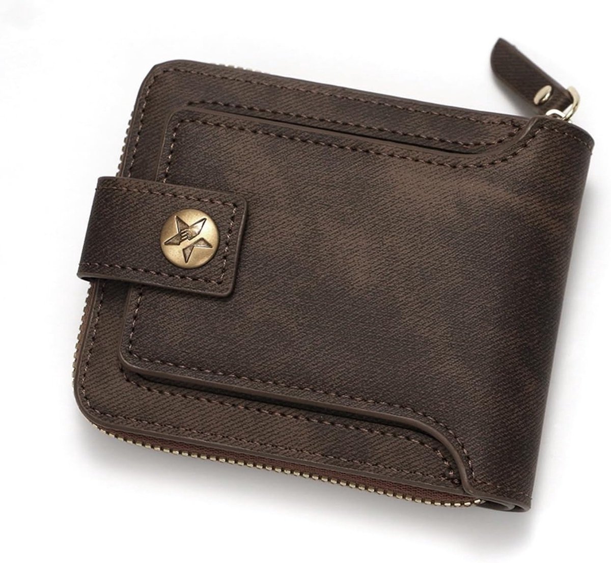 Lederen portemonnee voor heren met ritssluiting en gesp, 9 kaartvakken, 1 muntenvak en 1 ID-vak, bruin, stijlvol en praktisch, 12x9.5x2.5cm