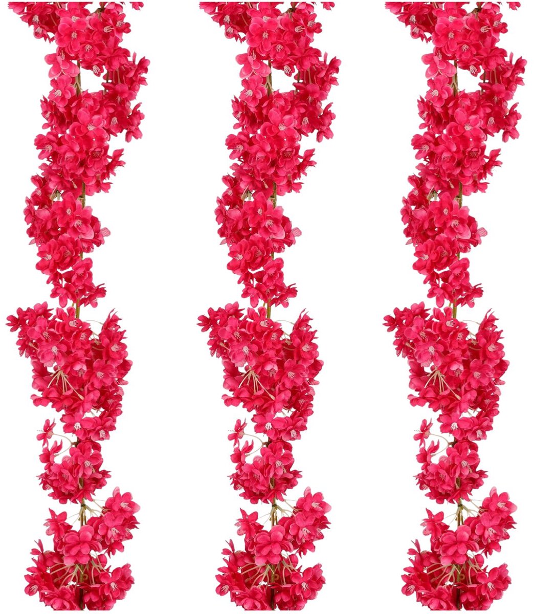 Mica Decorations Kunstbloemen Bloesem Slinger - 3x - 180 x 20 cm - roze - kunststof - bloemetjes Fuchsia