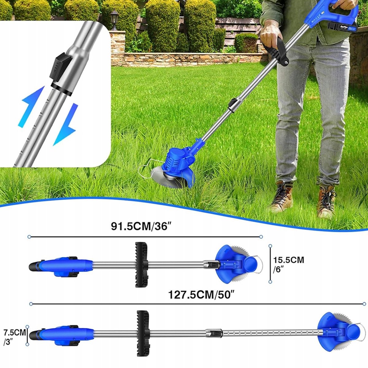 Grasmaaier - Accu Grasmaaier - Draadloze Trimmer - 800W Koperen Motor & 13000rpm - Verstelbare Steel 91-127cm - 2 Batterijen & Oplader - 3 Messen (Plastic/Metaal/Rond) - Voor Tuin & Gazon – foto 6