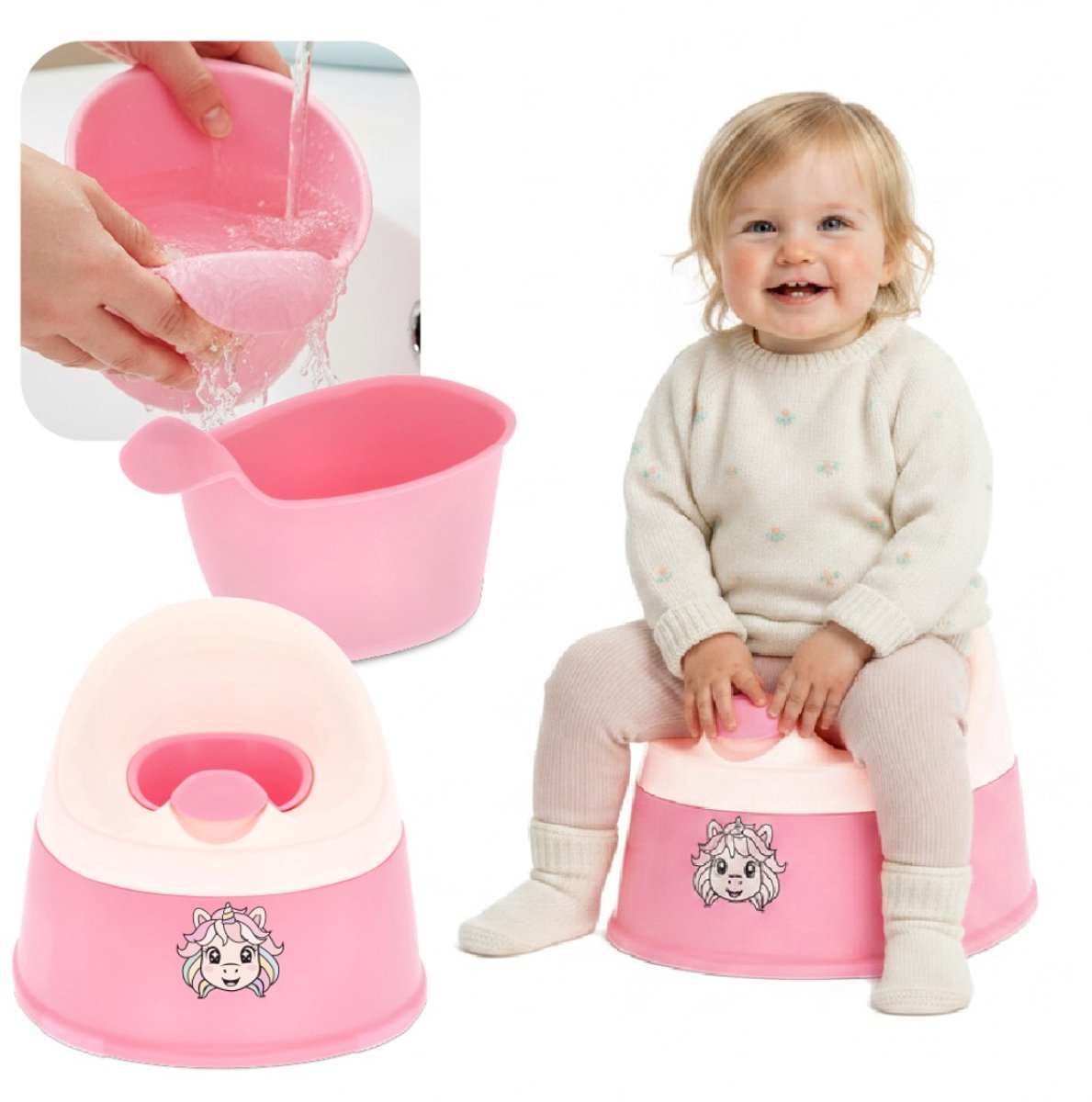 sun baby Potje NESTPOT - 18-36 maanden - antislipvoeten, ergonomische rugleuning, verwijderbare inzet, kunststof, tot 15 kg - Roze-Wit + sticker Eenhoorn