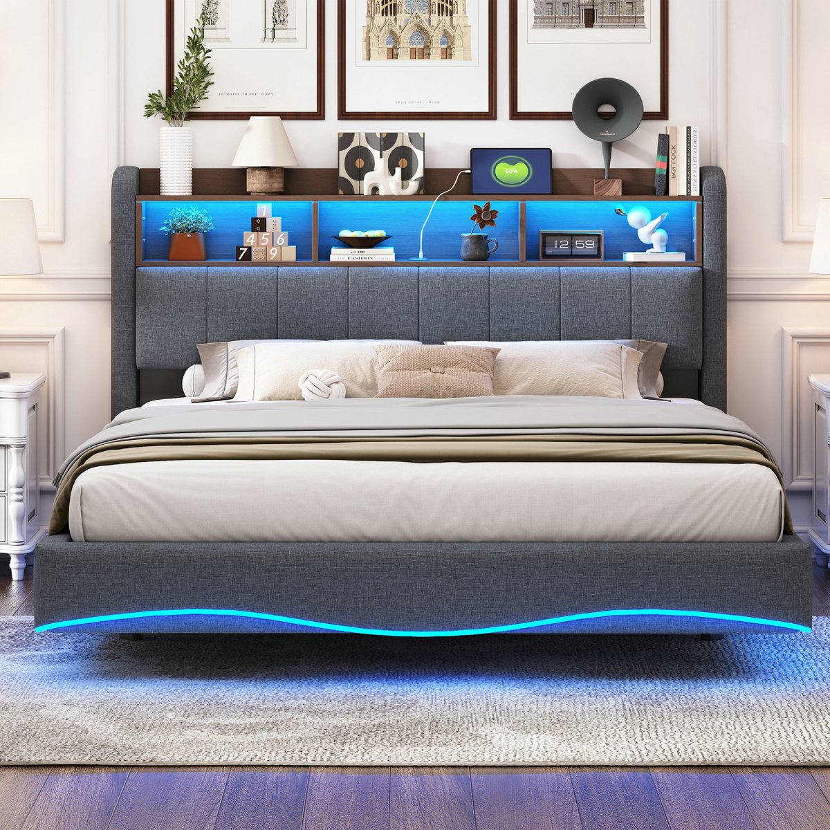 VVBV Bed met opbergruimte 160x200 / Tweepersoonsbed 160x200 – Gestoffeerd Tweepersoonsbed – met LED-Verlichting, USB, USB-C – Linnen – Grijs