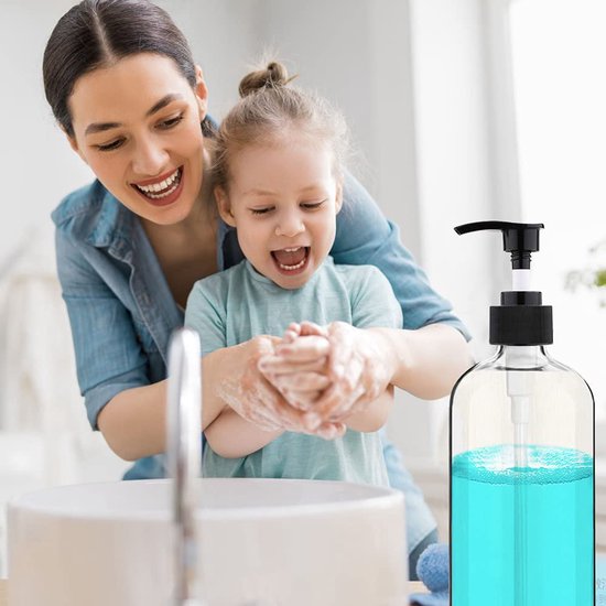 Set van 4 lege plastic pompflessen van 500 ml (16 oz), draagbaar, transparant, cilindrisch, BPA-vrij, voor shampoo en lotion. Duurzame, navulbare flessen. — afbeelding 2