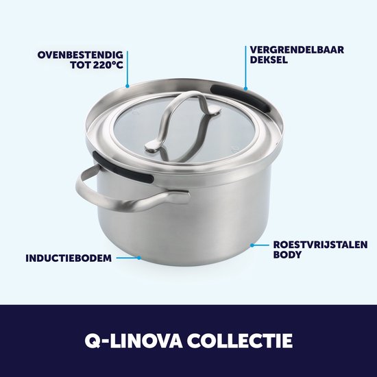RVS kookpan met glazen deksel, inductiebodem, vergrendelbaar deksel en ovenbestendig tot 220°C uit de Q-linova collectie.