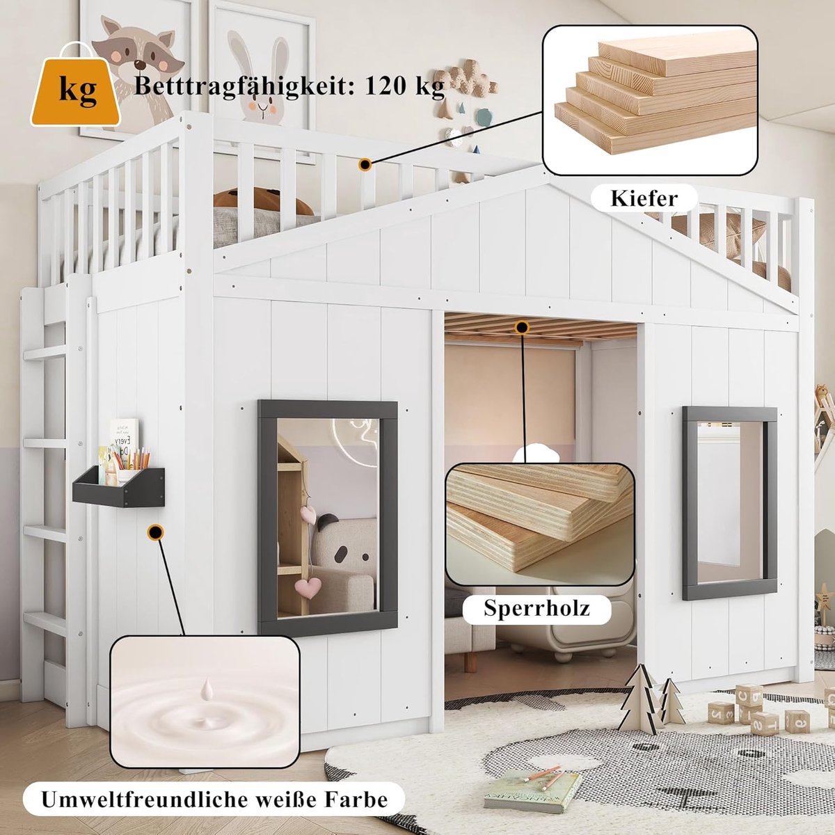 Hoogslaper Kinderbed 90x200 cm met Ladder en Veiligheidsleuning – Huisbed met Speelruimte Onder, Massief Dennenhout Wit/Grijs