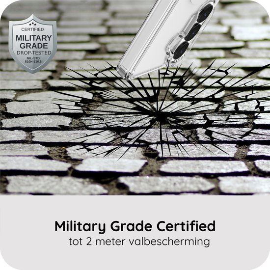 Gecertificeerde militaire kwaliteit met valbescherming tot 2 meter, van een transparant hoesje dat op een gebarsten ondergrond valt.