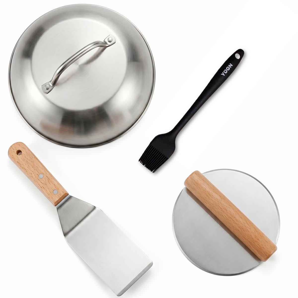 YUGN Smash Burger Pers Set - 4 Delige Complete Kit - Inclusief Spatel Bakkwast en Kom - RVS