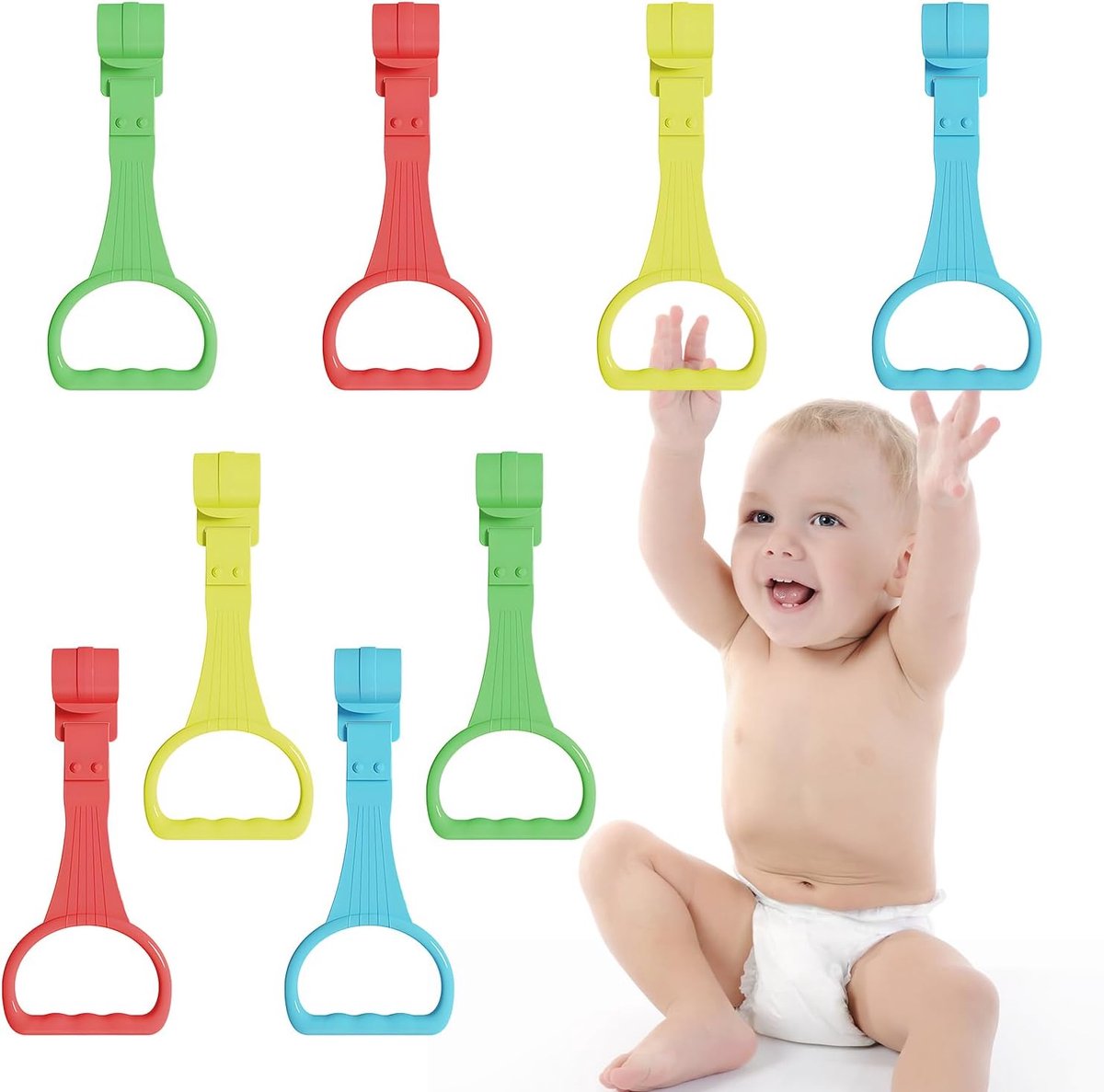 8 stuks - Optrekringen - Trekring voor box - Ringen voor kinderbedden - Baby Pull Up Ringen - Staande ringen - Loopringen voor babybedjes - Ophangring voor ledikant - voor bedhekken, wiegjes en boxen - 19.5*8.5 cm - blauw, geel, groen, rood